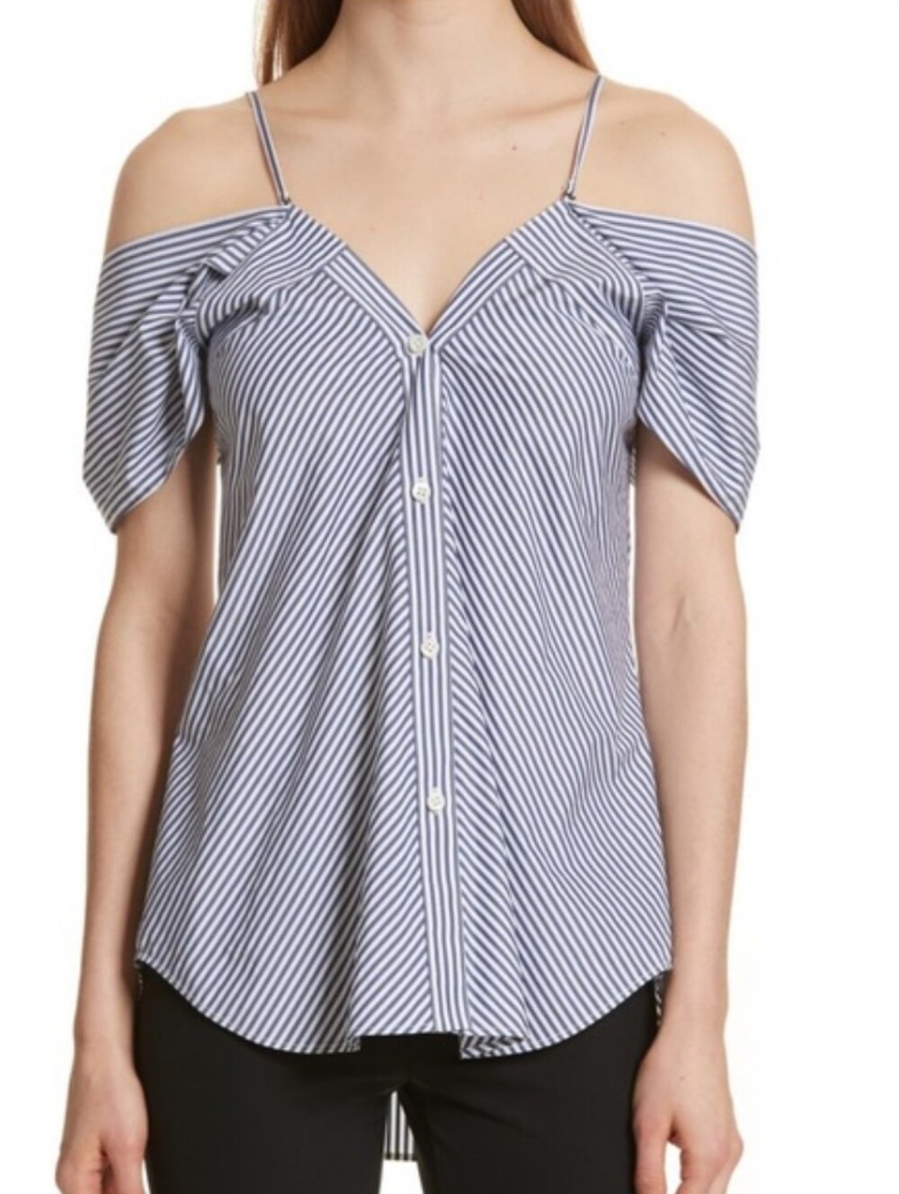 Theory Hartman Stripe Button Down Blouse Top Blue White Cotton Preppy Size M NWT